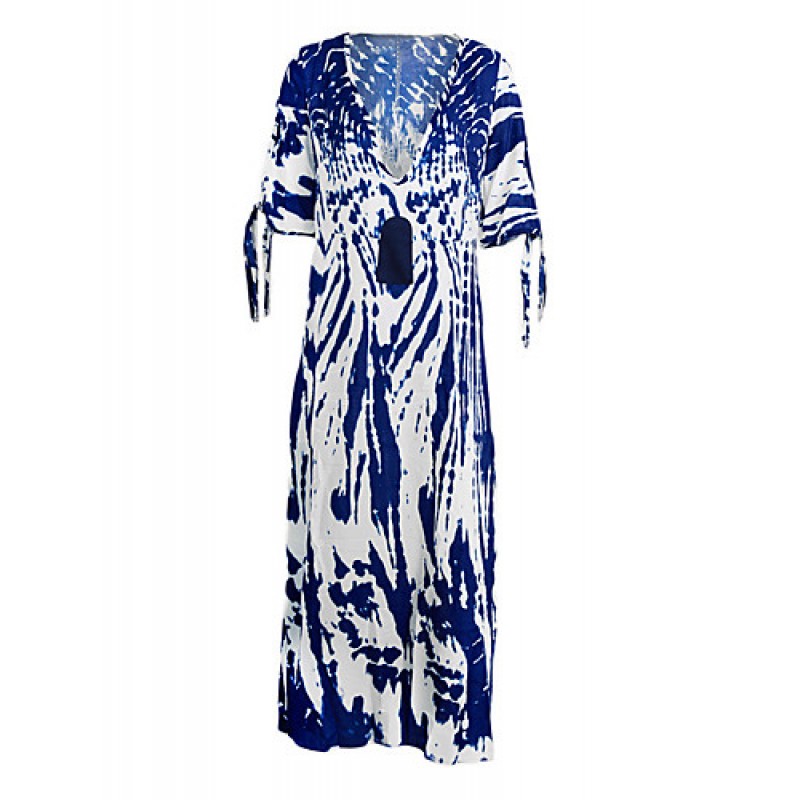 ACGCUL New Boho Maxi Dress Contrast Print Deep V-Neck Side Zipper 3/4 Sleeve Beach Evening Party Long