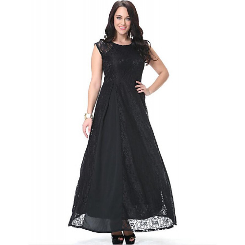 ACGCUL Women's Beach Plus Size / Lace Dress,Solid Round Neck Maxi Sleeveless Black Polyester Spring