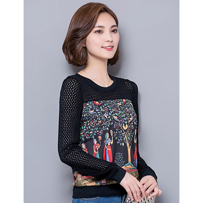 ACGCUL Women's Plus Size / Going out / Casual/Daily Street chic Spring / Fall T-shirtPrint / Patchwork Long Sleeve Black