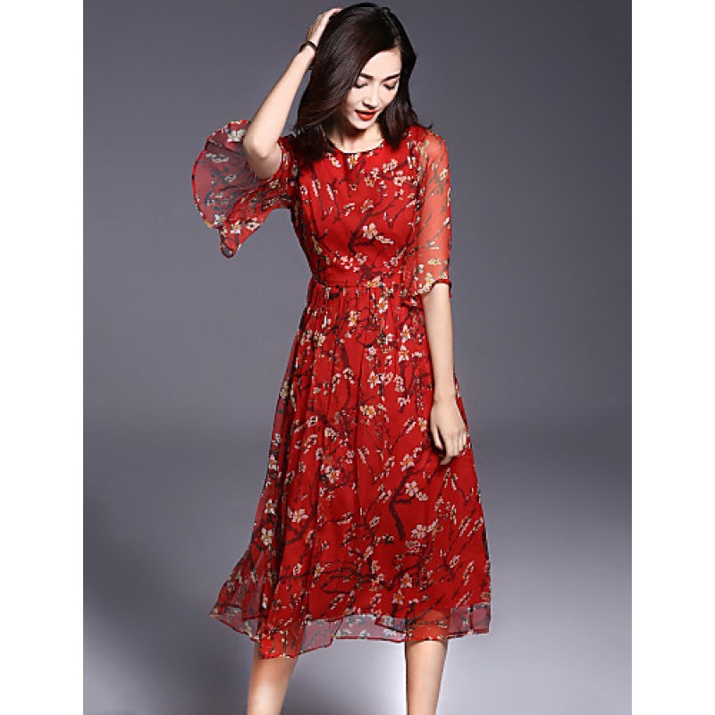 ACGCUL Women's Casual/Daily Boho / Street chic Plus Size / Chiffon Dress,Floral Round Neck Midi ? Length Sleeve Red Silk Summer