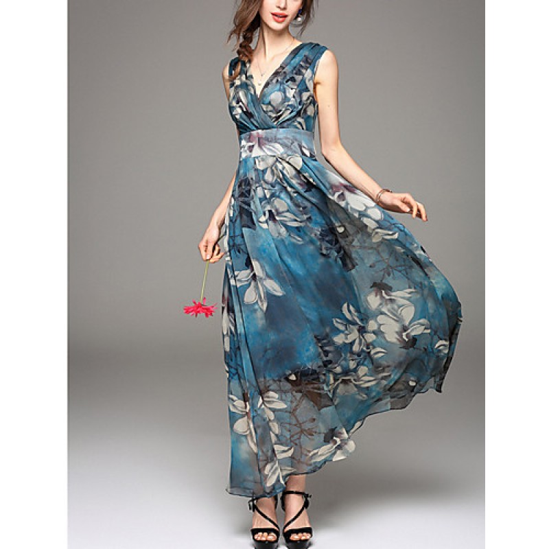 ACGCUL Going out Simple Sheath Dress,Print V Neck Maxi Sleeveless Blue / Red Polyester Summer Mid Rise