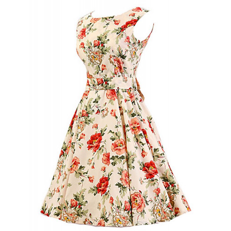 ACGCUL Women's Cream Floral Dress , Vintage Sleeveless 50s Rockabilly Swing Short Cocktail Dress