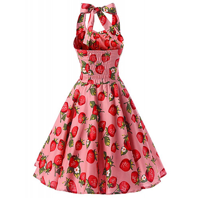 ACGCUL Women's Pink Strawberry Pattern Floral Dress , Vintage Halter 50s Rockabilly Swing Dress