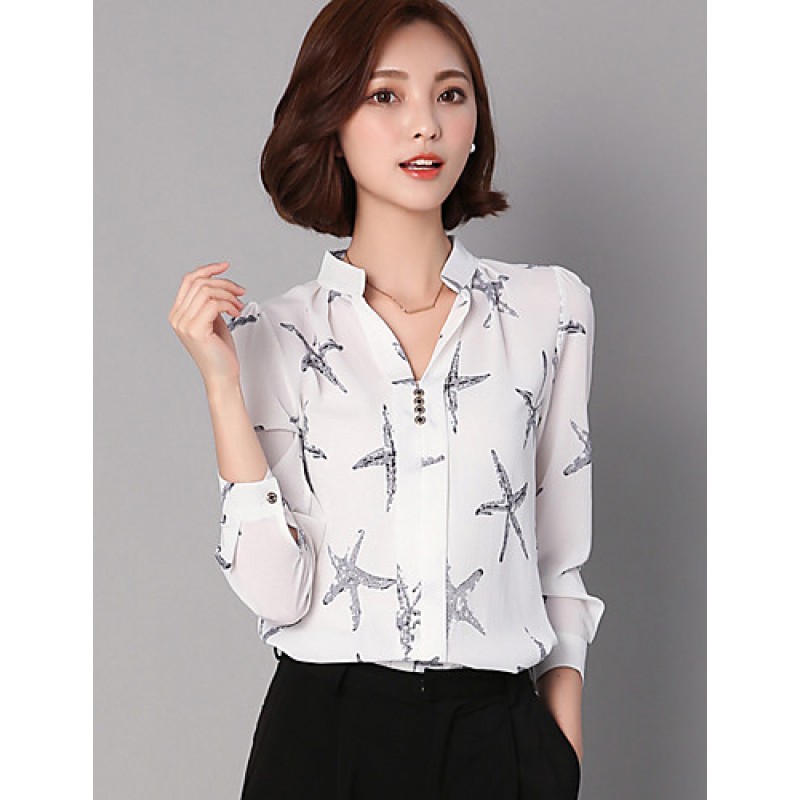 ACGCUL Women's Casual/Daily Street chic All Seasons ShirtPrint Stand Long Sleeve Blue / White / Black Rayon / Polyester Thin