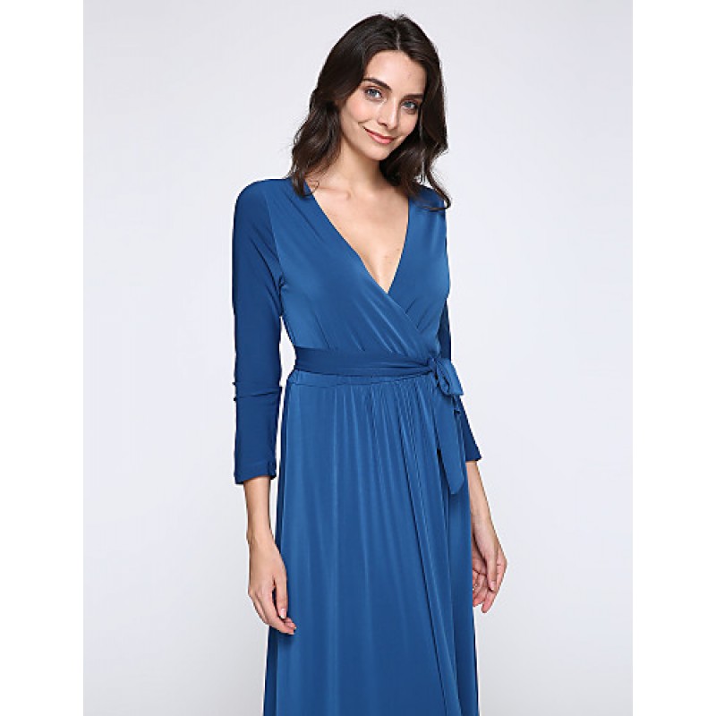 ACGCUL Women's Party/Cocktail Plus Size Plus Size Dress,Solid V Neck Midi Long Sleeve Blue Spandex Fall