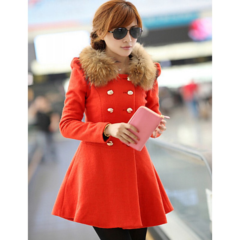 ACGCUL Women's Vintage Coat,Solid Shirt Collar Long Sleeve Winter Red / Black / Orange Wool / Others Thick