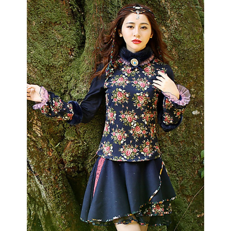 ACGCUL Our StoryGoing out Vintage Spring / Fall T-shirtFloral Crew Neck Long Sleeve Blue Cotton / Polyester / Spandex Medium