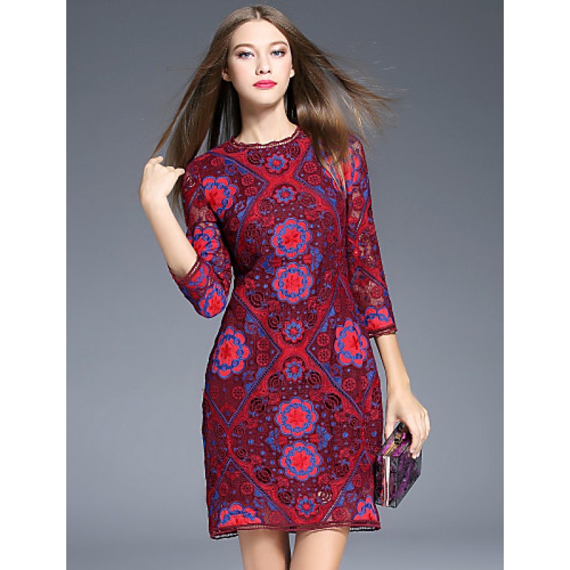 ACGCUL Boutique S Women's Going out Vintage Sheath Dress,Floral Round Neck Above Knee ? Sleeve Red Polyester