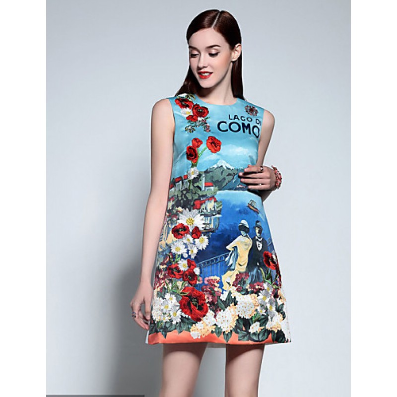 ACGCUL Boutique S Women's Casual/Daily Cute A Line Dress,Print Round Neck Above Knee Sleeveless Blue Cotton Summer