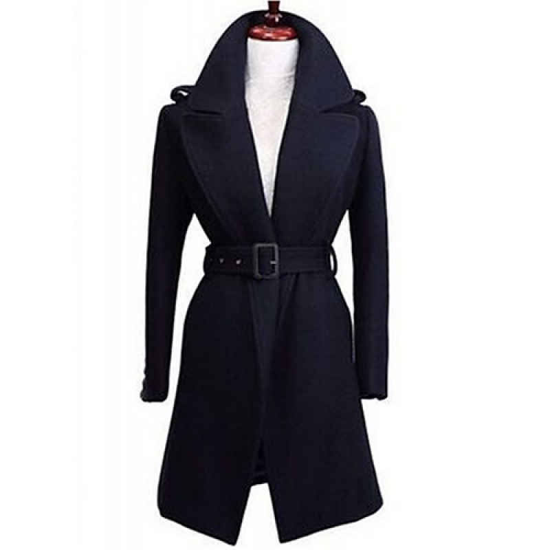 ACGCUL Women's Formal Simple Coat,Solid Shirt Collar Long Sleeve Winter Blue / Black Wool Thick