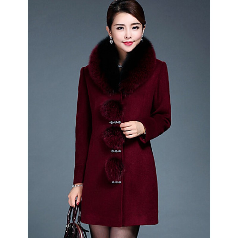 ACGCUL Women's Plus Size / Casual/Daily Simple Coat,Solid Round Neck Long Sleeve Winter Red / Black Wool / Faux Fur Thick