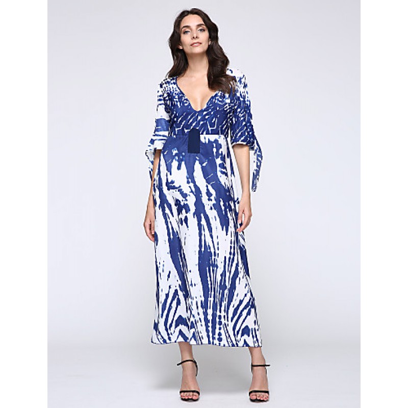 ACGCUL New Boho Maxi Dress Contrast Print Deep V-Neck Side Zipper 3/4 Sleeve Beach Evening Party Long