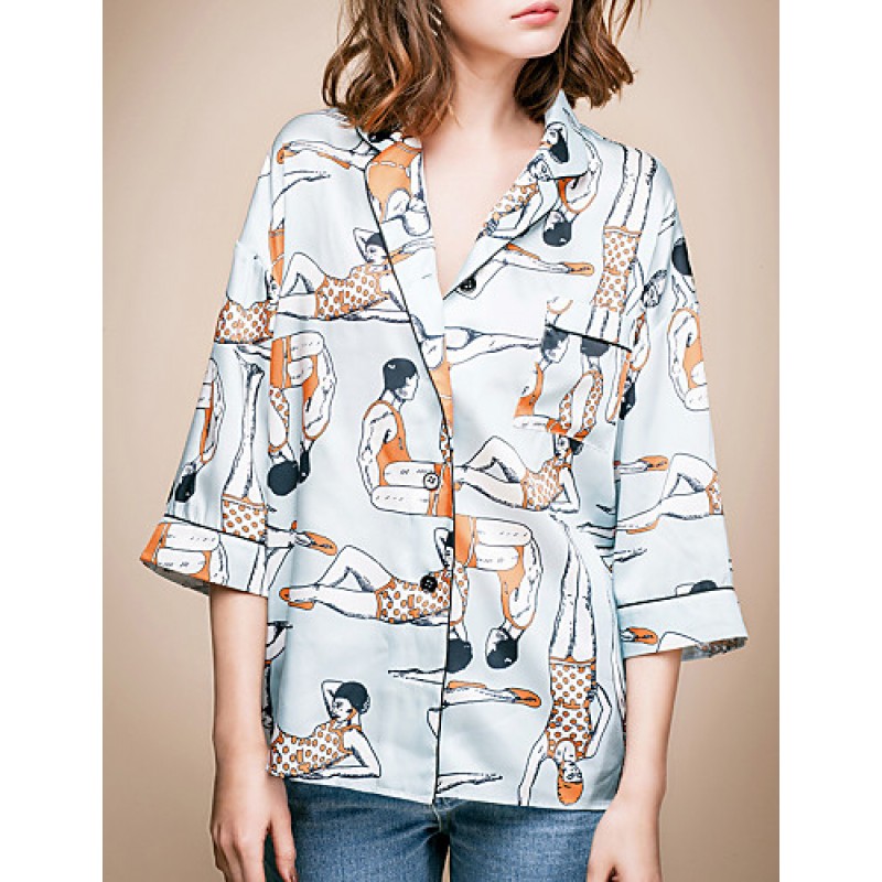 ACGCUL LIANGSANSHIWomen's Casual/Daily Street chic Summer Shirt,Print Shirt Collar ? Sleeve Blue Polyester / Others Thin