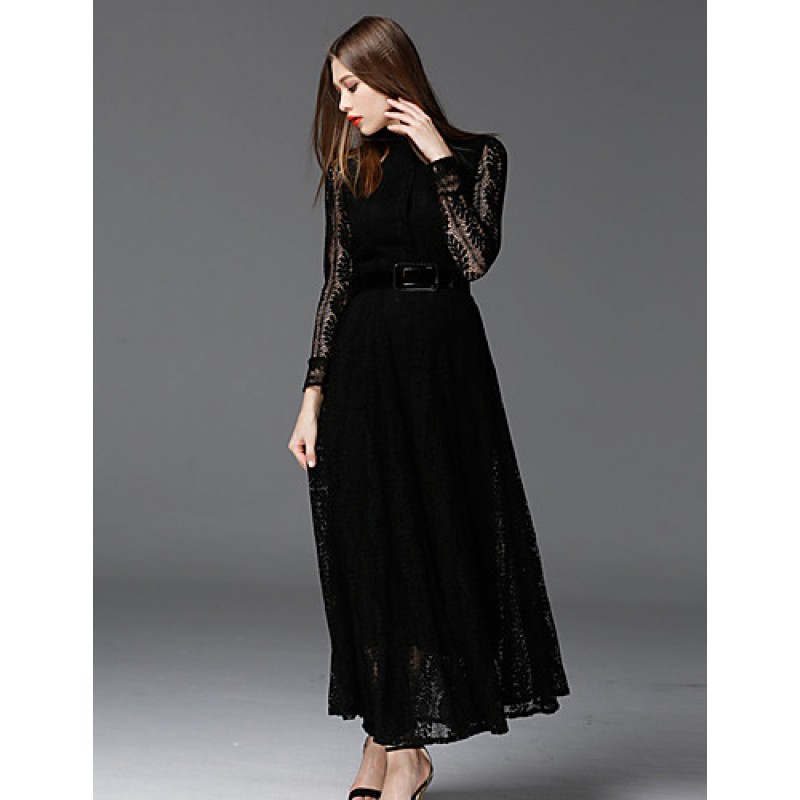 ACGCUL  Women's Work Vintage DressSolid Stand Maxi Long Sleeve Black Cotton / Polyester / Nylon