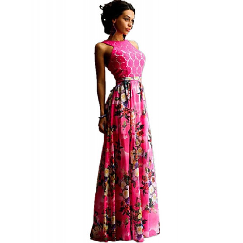 ACGCUL Women's Sexy / Boho Floral Sheath / Swing Dress , Crew Neck Maxi Polyester