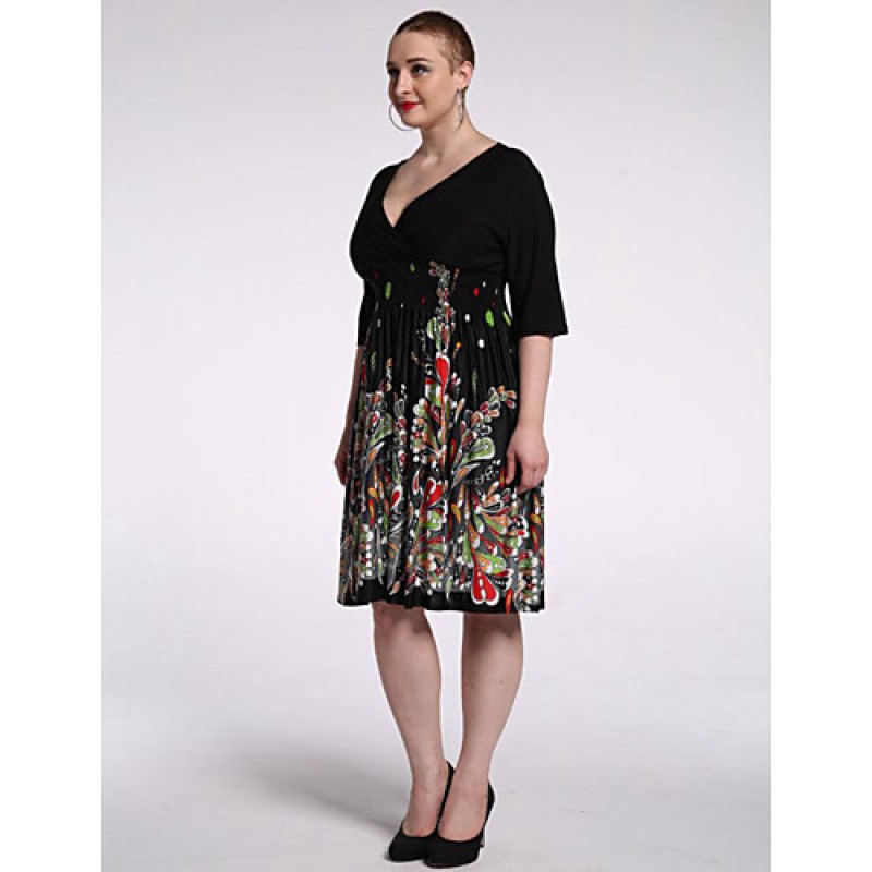 ACGCUL Women's Beach / Plus Size Boho Chiffon Dress,Floral V Neck Knee-length 陆 Length Sleeve Black Polyester / Spandex Summer