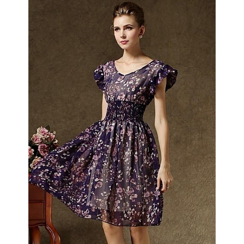 ACGCUL Women's Vintage Short Sleeve Floral Print Chiffon Dress