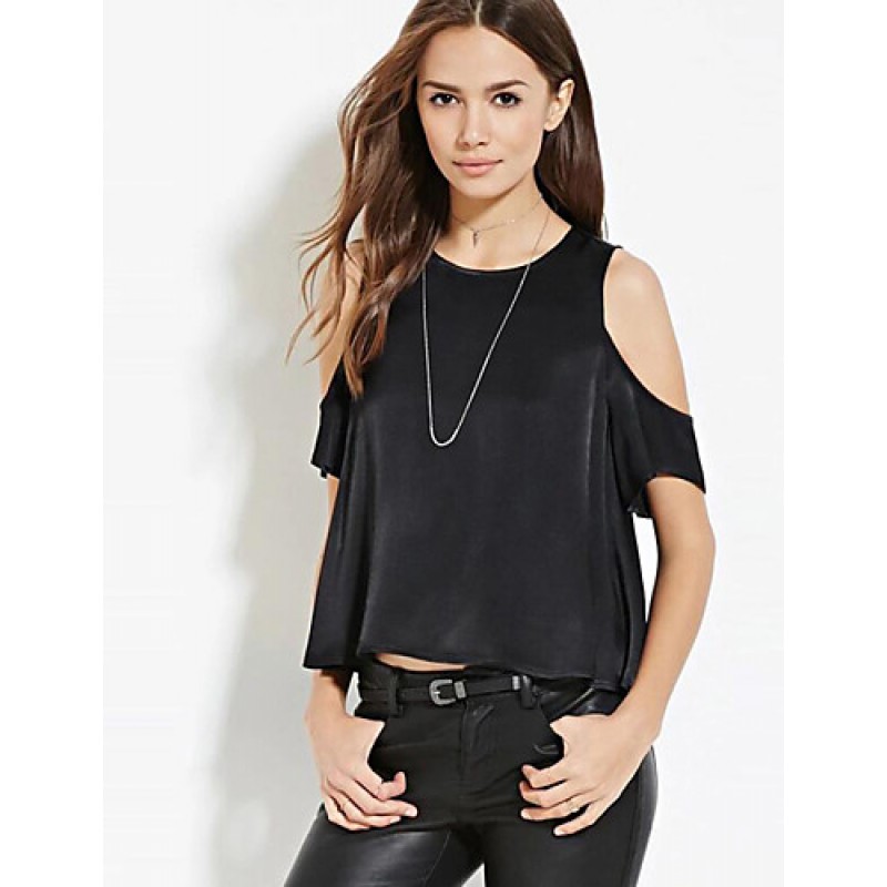 ACGCUL Women's Casual/Daily Street chic Summer T-shirt,Solid Round Neck Short Sleeve Black Polyester Opaque