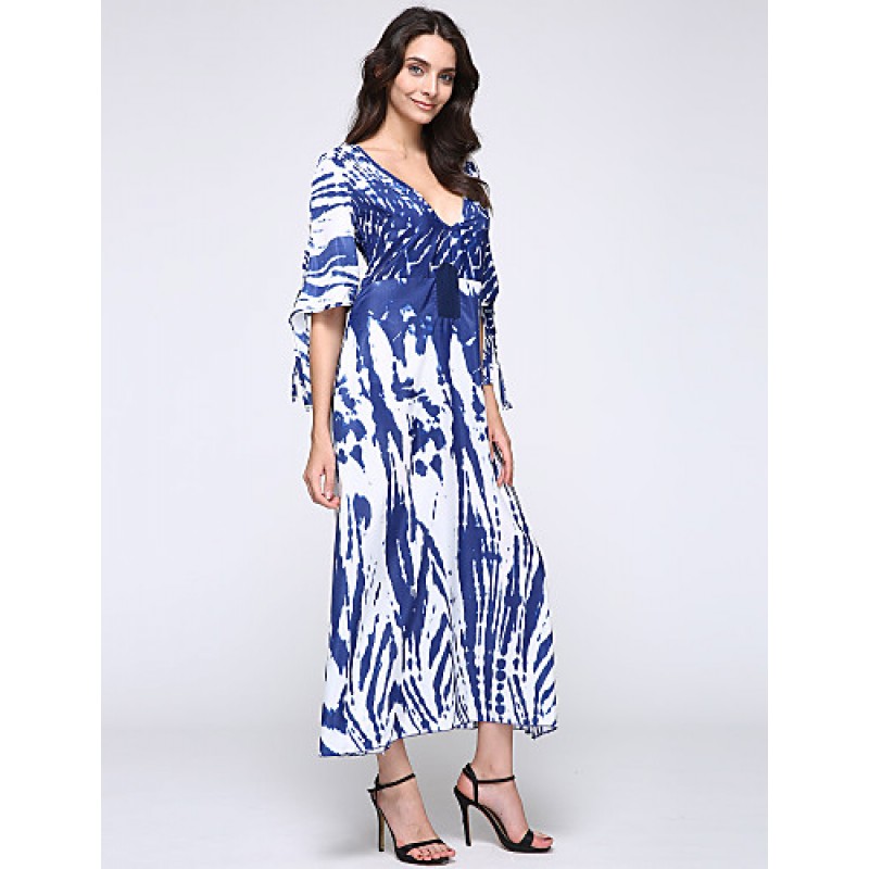 ACGCUL New Boho Maxi Dress Contrast Print Deep V-Neck Side Zipper 3/4 Sleeve Beach Evening Party Long