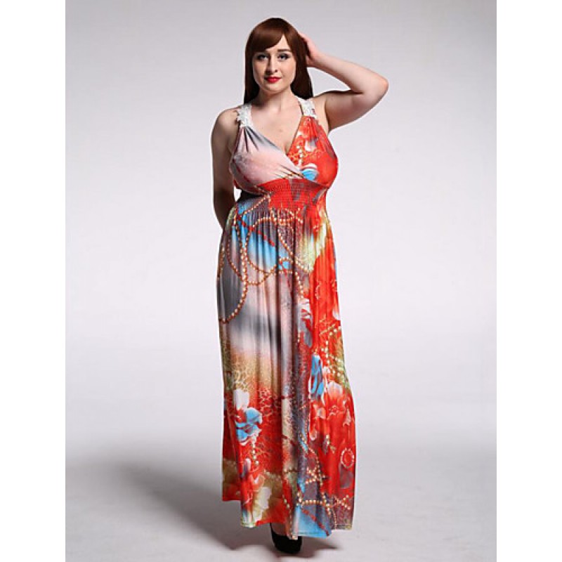 ACGCUL Women's Beach / Plus Size Boho Dress,Floral V Neck Maxi Sleeveless Orange Polyester / Spandex Summer