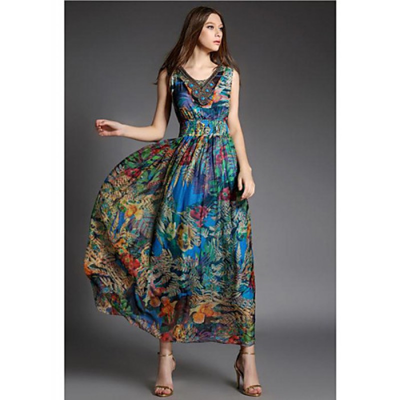 ACGCUL Going out Street chic Sheath Dress,Print V Neck Maxi Sleeveless Blue Silk Summer High Rise