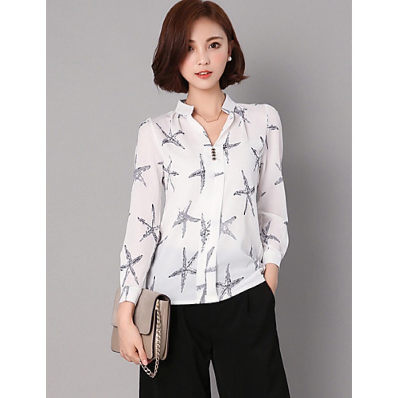 ACGCUL Women's Casual/Daily Street chic All Seasons ShirtPrint Stand Long Sleeve Blue / White / Black Rayon / Polyester Thin