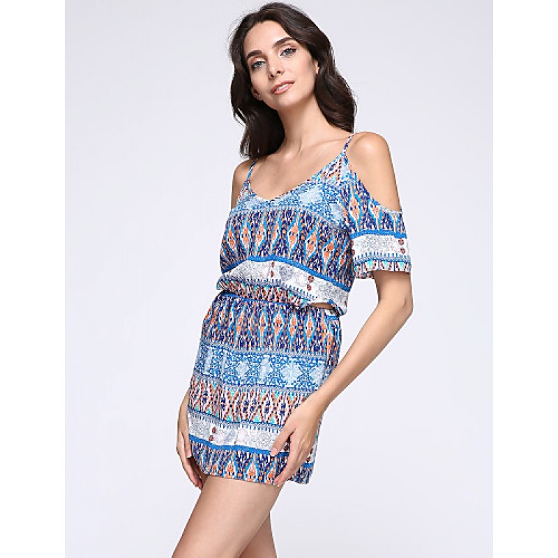 ACGCUL Women's Casual/Daily Boho Sheath Dress,Print Strap Above Knee Short Sleeve Blue Polyester Summer