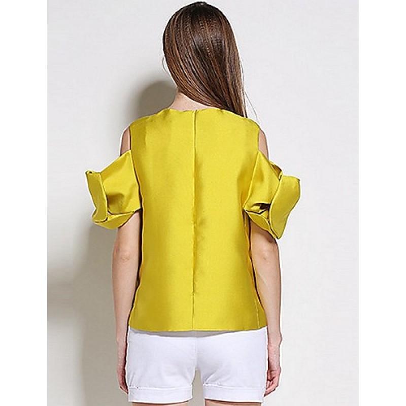 ACGCUL  Women's Going out Simple Summer BlouseSolid Crew Neck Short Sleeve Yellow Polyester Medium