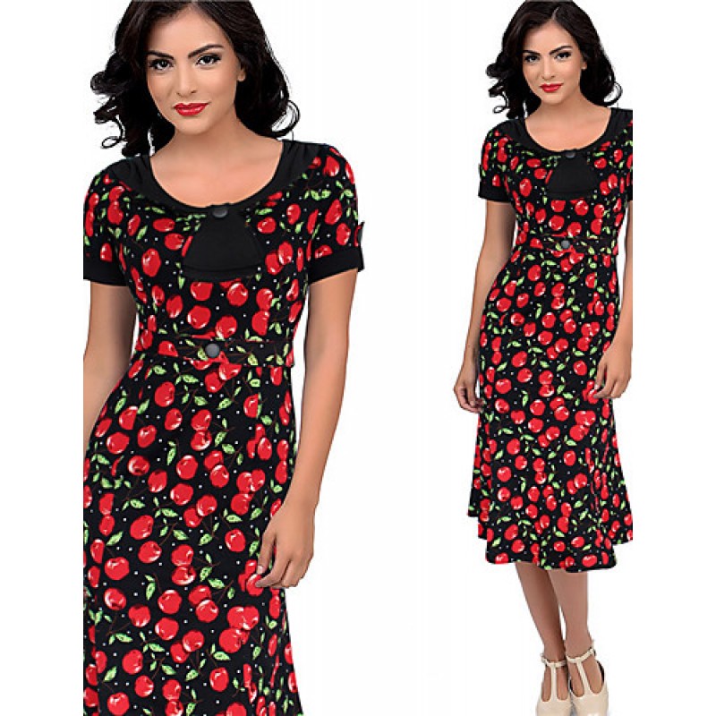 ACGCUL Women's Work Plus Size Dress,Print Round Neck Knee-length Short Sleeve Red / Black Summer