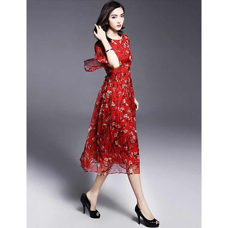 ACGCUL Women's Casual/Daily Boho / Street chic Plus Size / Chiffon Dress,Floral Round Neck Midi ? Length Sleeve Red Silk Summer