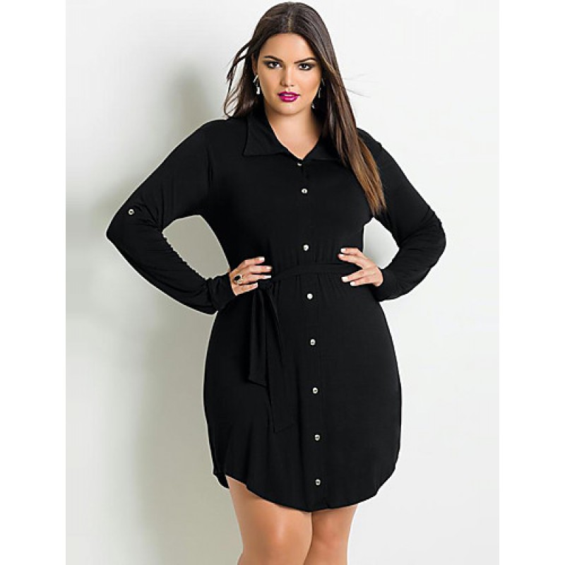 ACGCUL Women's Plus Size / Casual/Daily Vintage All Seasons ShirtSolid Shirt Collar Long Sleeve Black Polyester Medium