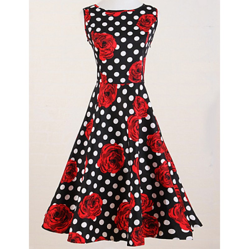 ACGCUL Women's Vintage Slim Polka Dot Rose Print Sleeveless Swing Dress