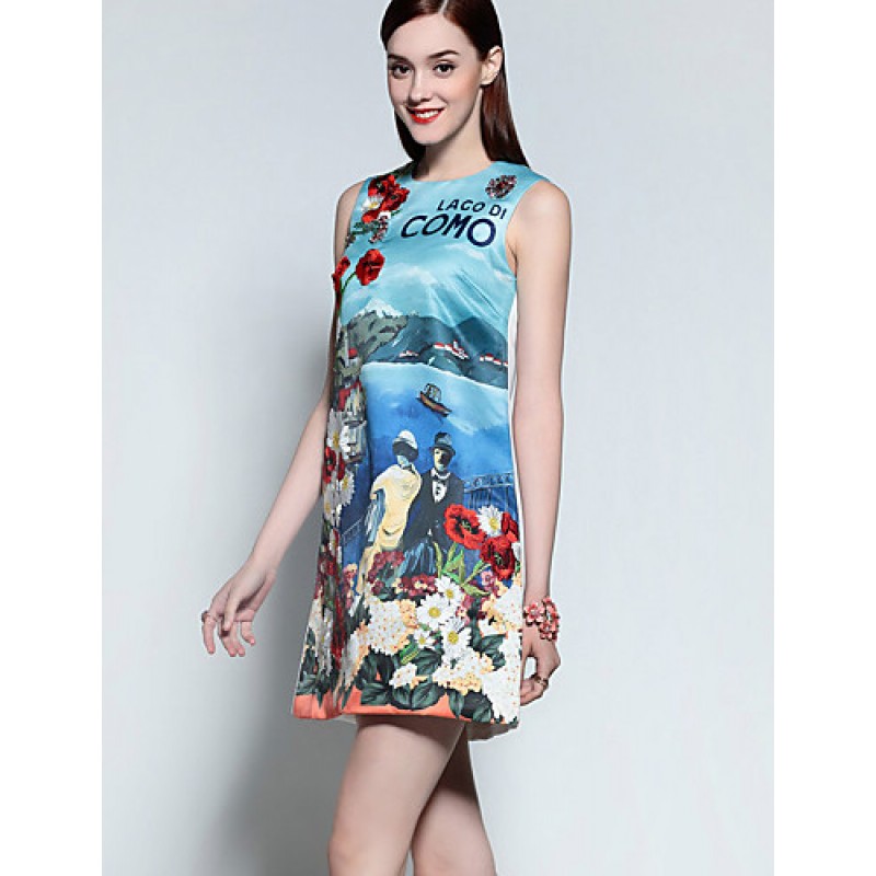 ACGCUL Boutique S Women's Casual/Daily Cute A Line Dress,Print Round Neck Above Knee Sleeveless Blue Cotton Summer