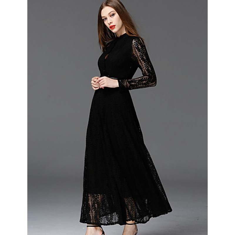 ACGCUL  Women's Work Vintage DressSolid Stand Maxi Long Sleeve Black Cotton / Polyester / Nylon