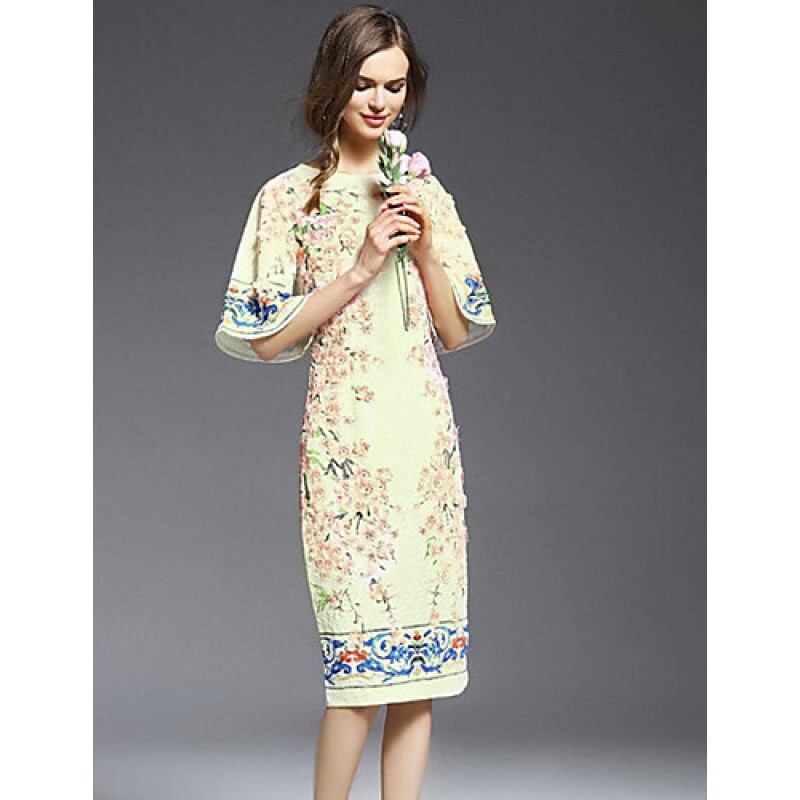 ACGCUL Casual/Daily Simple Sheath Dress,Print Round Neck Knee-length ? Length Sleeve White Others Summer Mid Rise