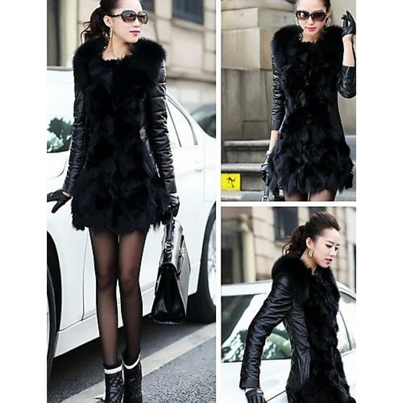 ACGCUL Women's Winter Fox Fur Leather Coat