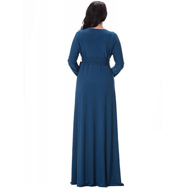 ACGCUL Women's Party/Cocktail Plus Size Plus Size Dress,Solid V Neck Midi Long Sleeve Blue Spandex Fall