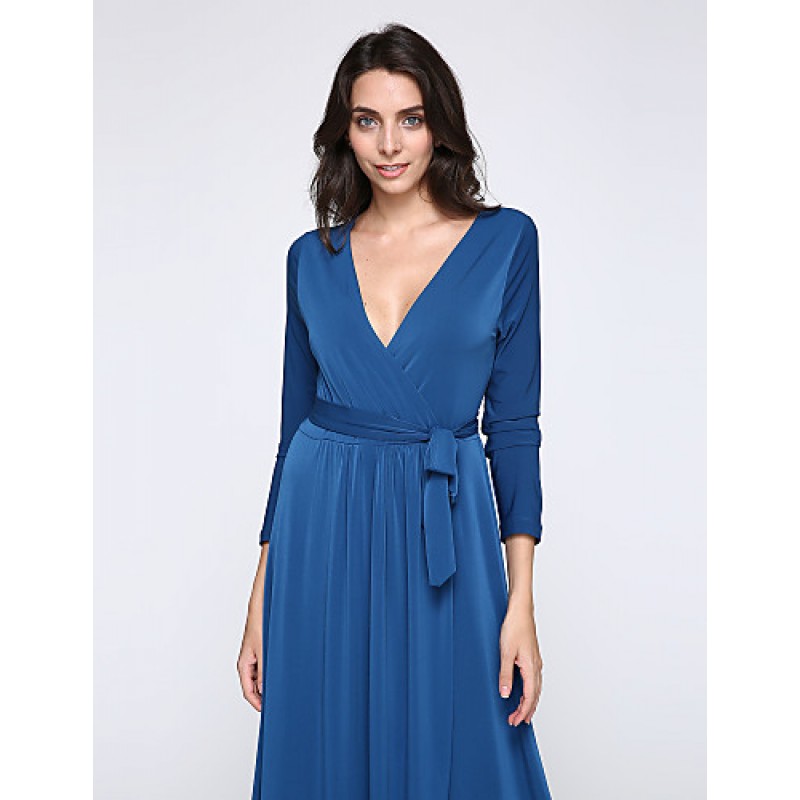 ACGCUL Women's Party/Cocktail Plus Size Plus Size Dress,Solid V Neck Midi Long Sleeve Blue Spandex Fall