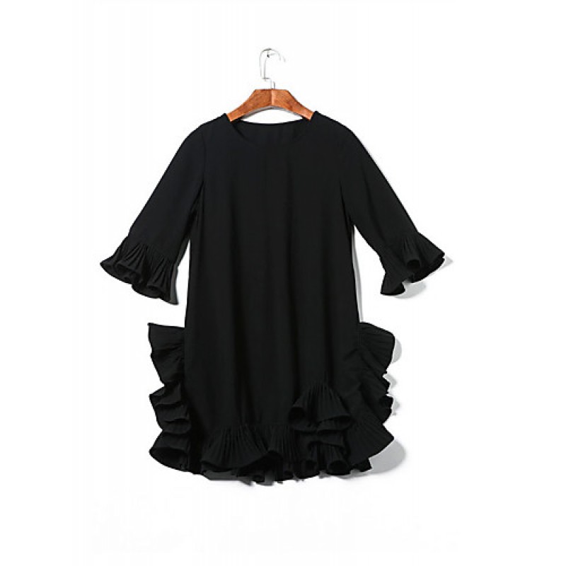 ACGCUL  Women's Going out Cute Loose Dress,Solid Round Neck Above Knee ? Sleeve Black Cotton Spring