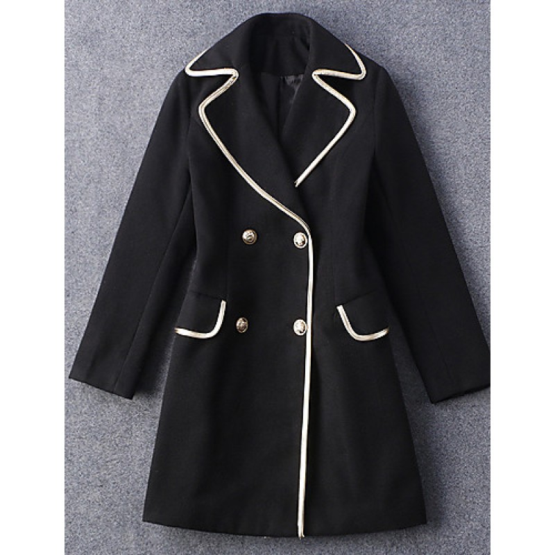 ACGCUL  Women's Going out Vintage Coat,Solid Notch Lapel Long Sleeve Winter Black Wool Opaque