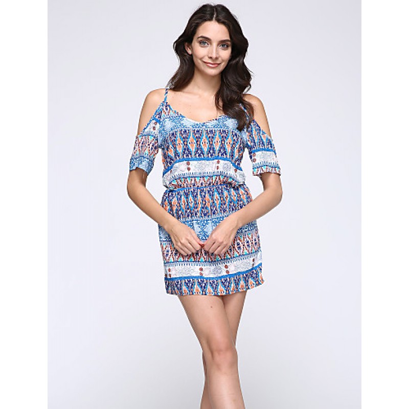 ACGCUL Women's Casual/Daily Boho Sheath Dress,Print Strap Above Knee Short Sleeve Blue Polyester Summer