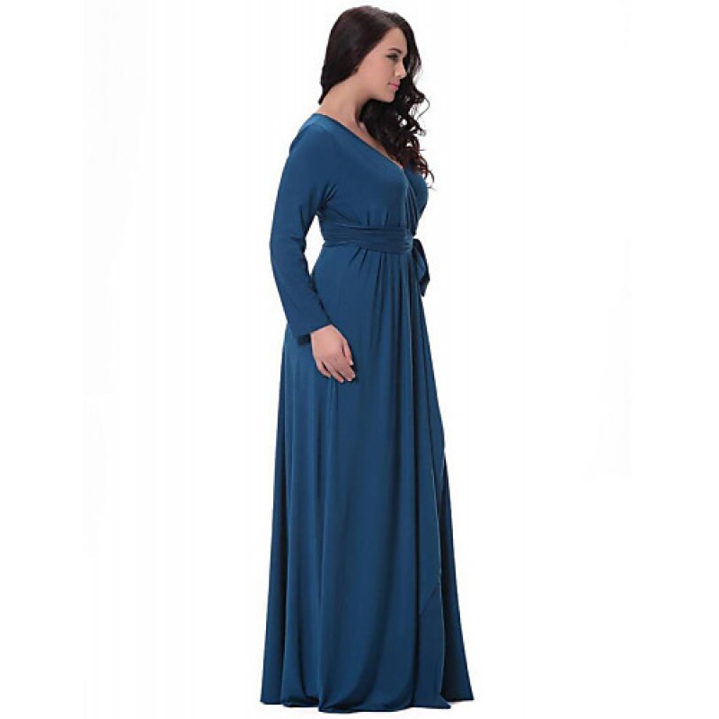 ACGCUL Women's Party/Cocktail Plus Size Plus Size Dress,Solid V Neck Midi Long Sleeve Blue Spandex Fall