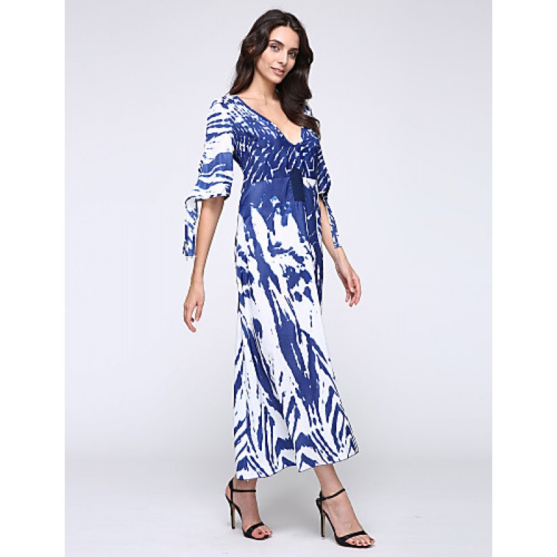 ACGCUL New Boho Maxi Dress Contrast Print Deep V-Neck Side Zipper 3/4 Sleeve Beach Evening Party Long