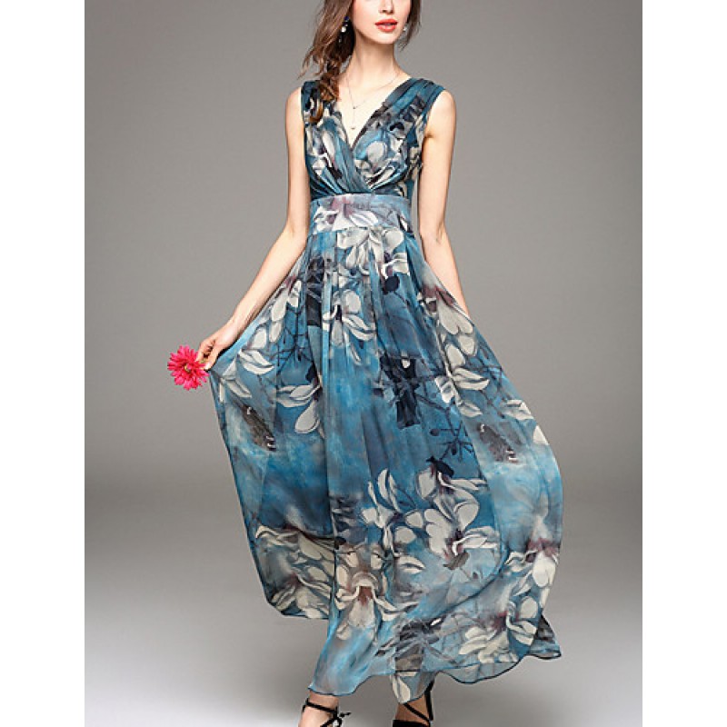 ACGCUL Going out Simple Sheath Dress,Print V Neck Maxi Sleeveless Blue / Red Polyester Summer Mid Rise