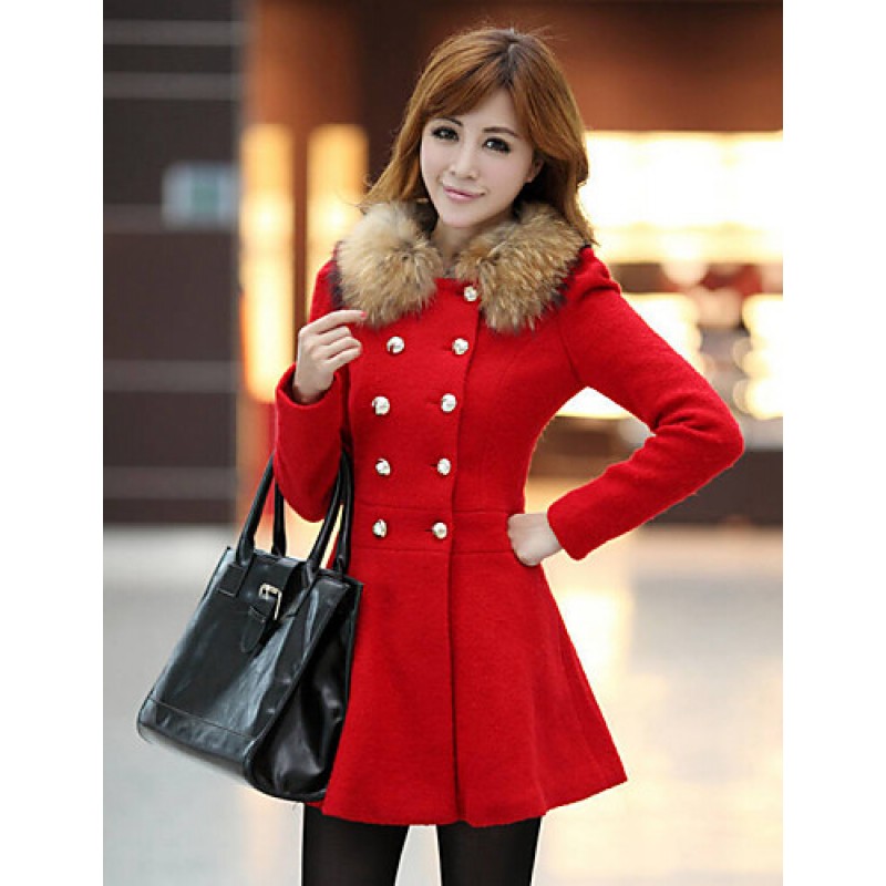 ACGCUL Women's Vintage Coat,Solid Shirt Collar Long Sleeve Winter Red / Black / Orange Wool / Others Thick