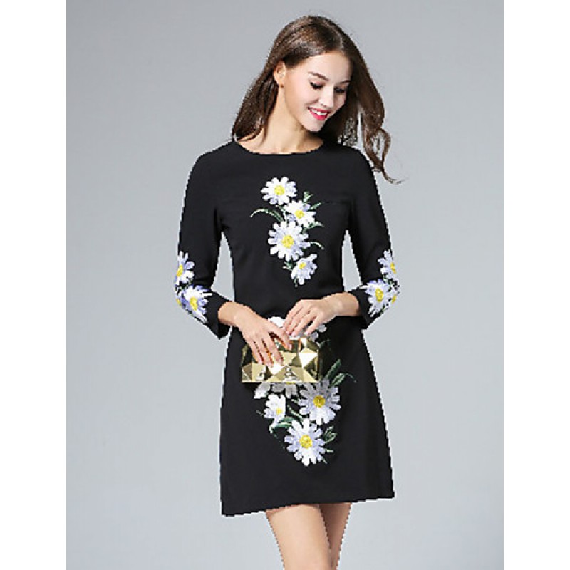 ACGCUL Boutique S Women's Casual/Daily Vintage Shift Dress,Embroidered Round Neck Above Knee Long Sleeve Polyester Fall