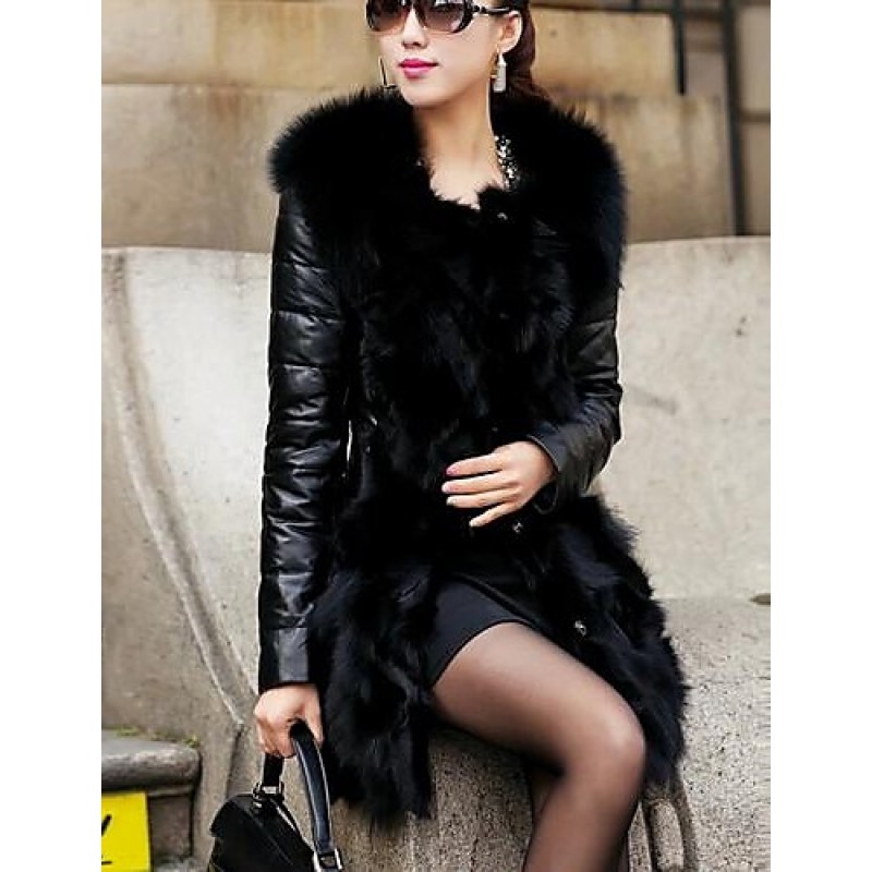 ACGCUL Women's Winter Fox Fur Leather Coat