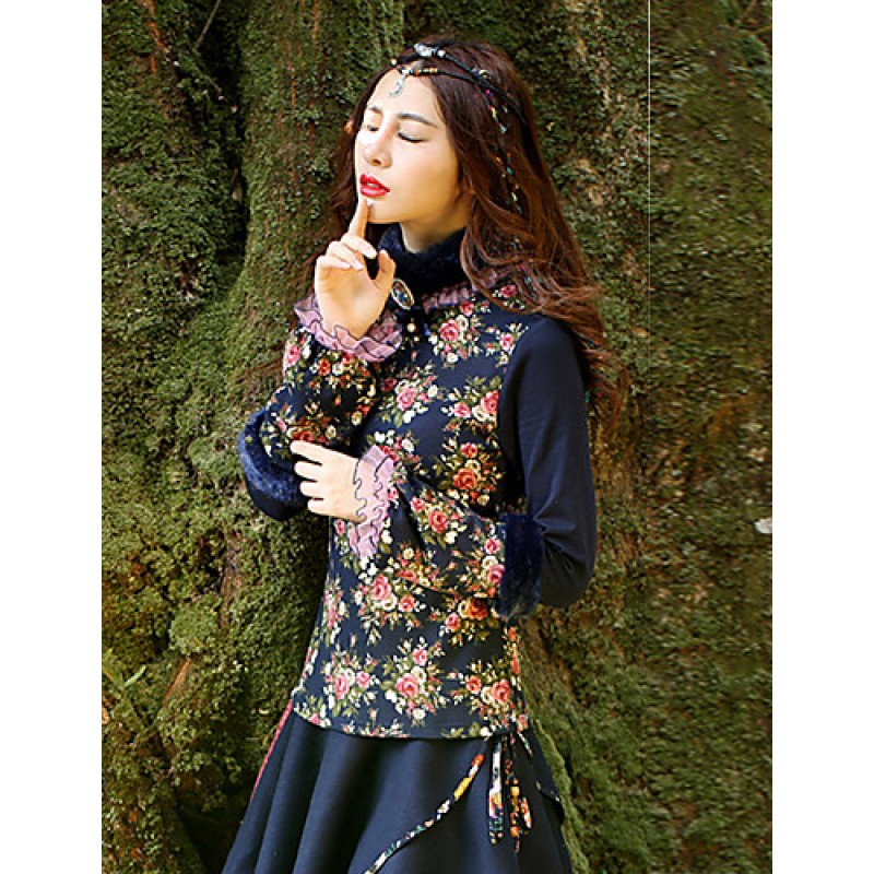 ACGCUL Our StoryGoing out Vintage Spring / Fall T-shirtFloral Crew Neck Long Sleeve Blue Cotton / Polyester / Spandex Medium