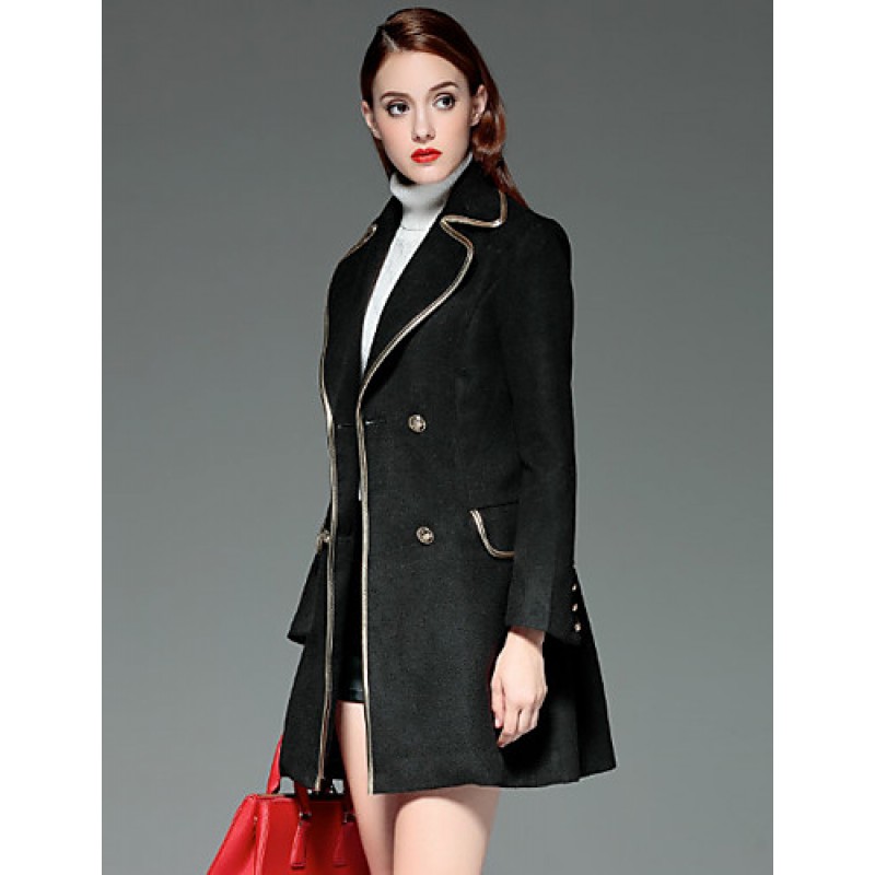 ACGCUL  Women's Going out Vintage Coat,Solid Notch Lapel Long Sleeve Winter Black Wool Opaque