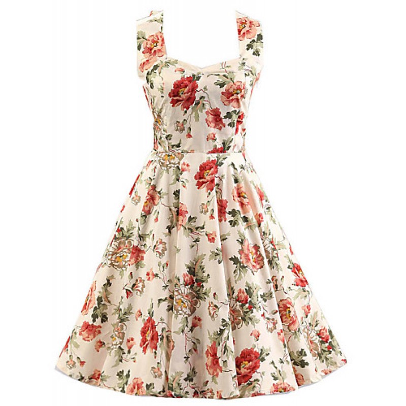 ACGCUL Women's Cream Floral Dress , Vintage Halter 50s Rockabilly Swing Dress